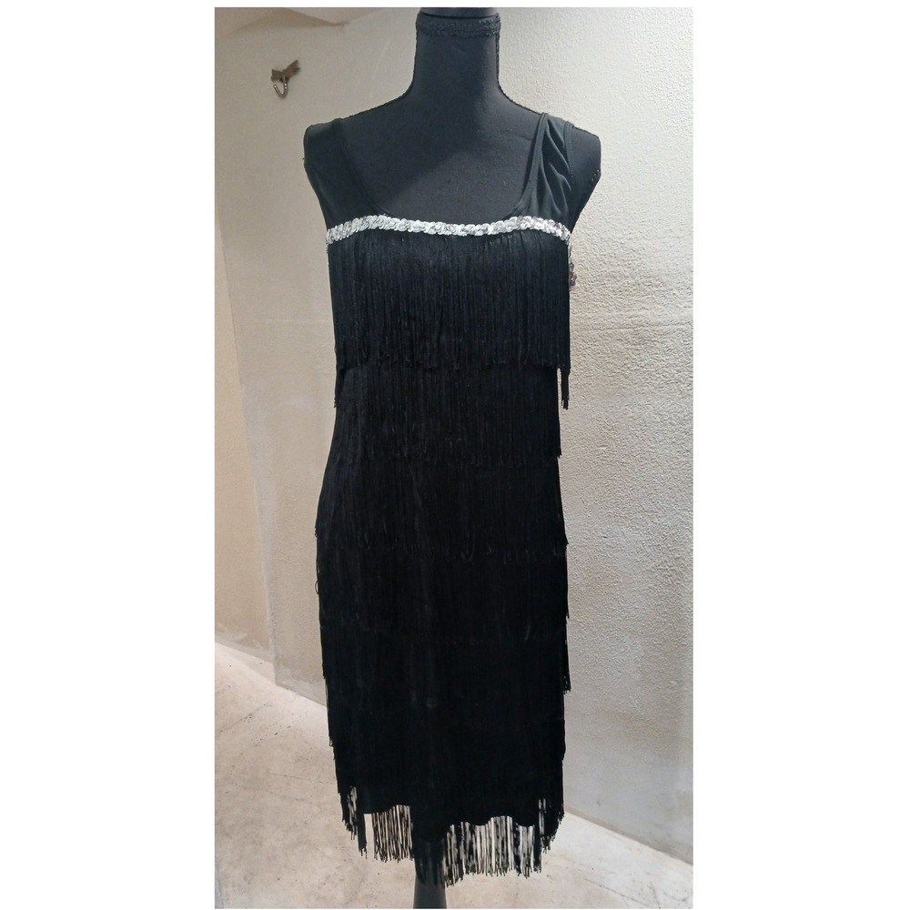Spirit Halloween Black Flapper Fringe Sequin Dress Costume Adult Large 00171397